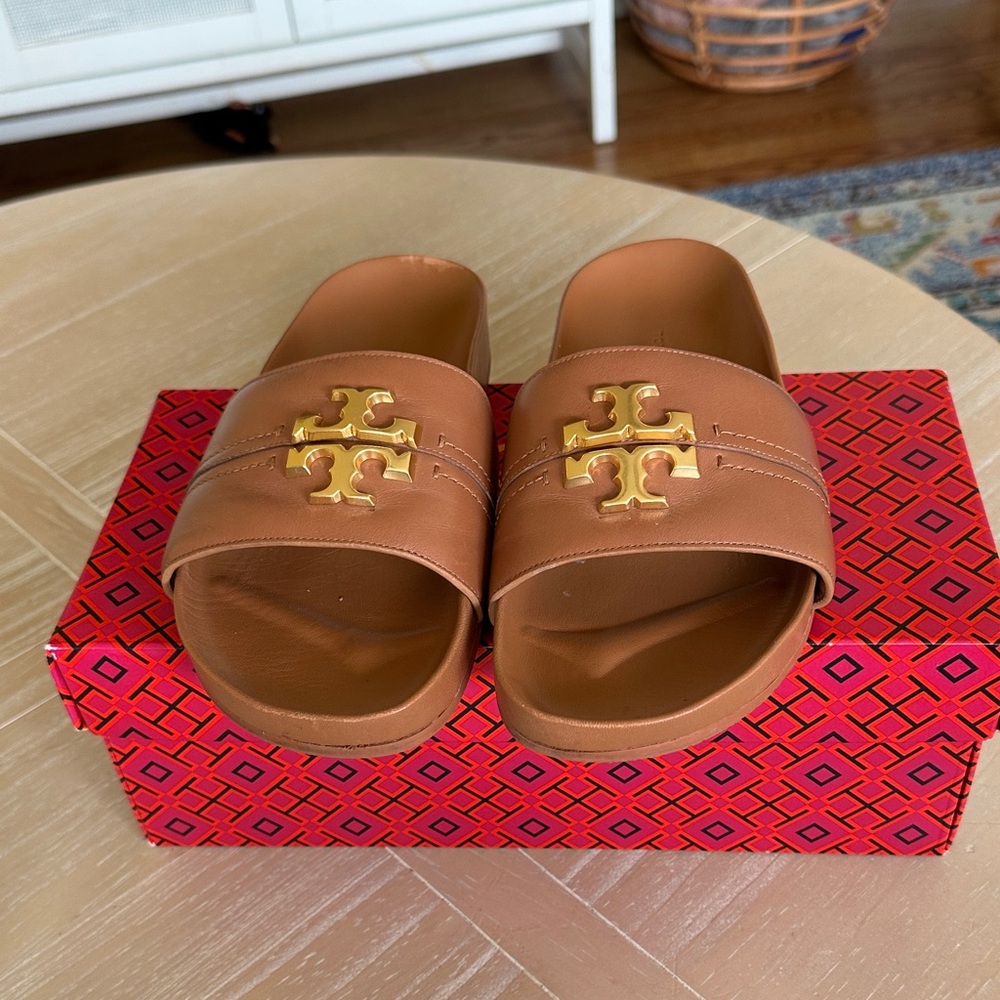 Tory Burch Tan Slides with Gold Emblem